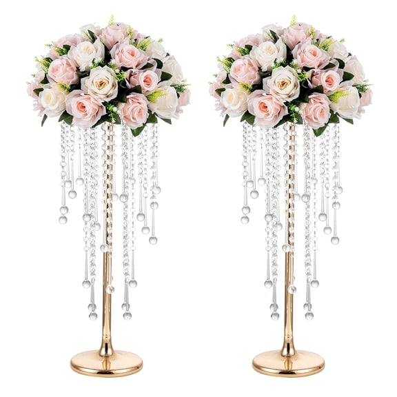 Nuptio 22" Flower Centerpieces Decor for Wedding Tables Metal - Tall Vases with Chandelier Crystal Beads Gold Flower Stand for Wedding Reception Party Events Road Lead Set of 2