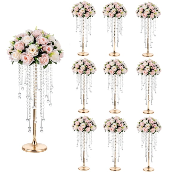 Nuptio 22" Flower Centerpieces Decor for Wedding Tables Metal - Tall Vases with Chandelier Crystal Beads Gold Flower Stand for Wedding Reception Party Events Road Lead Set of 10
