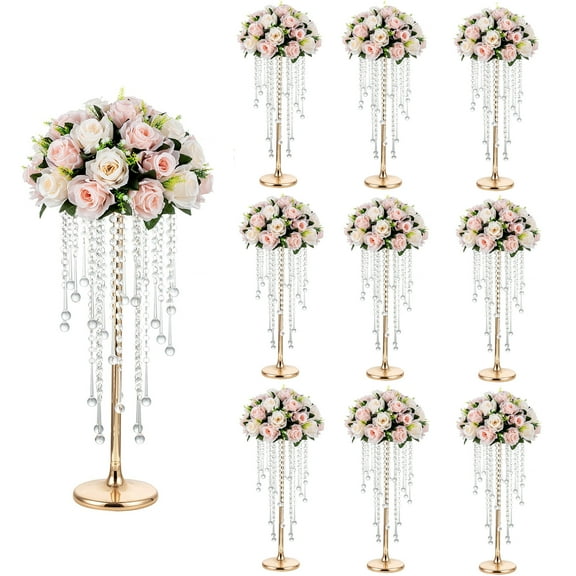 Nuptio 22" Flower Centerpieces Decor for Wedding Tables Metal - Tall Vases with Chandelier Crystal Beads Gold Flower Stand for Wedding Reception Party Events Road Lead Set of 10
