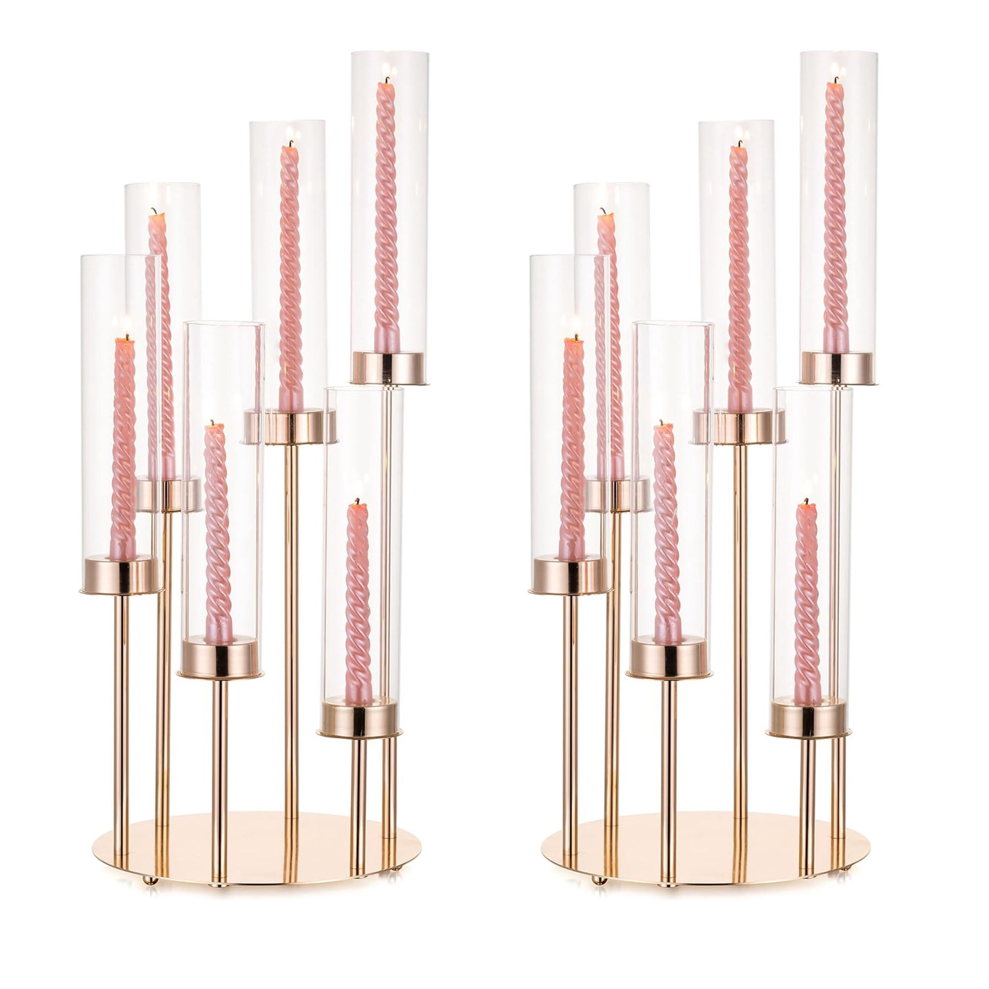 Nuptio Gold Candelabra Centerpieces for Tables , 6 Arm Gold Hurricane Candle Holder Centerpiece Table Decorations with Removable Glass Cover,2PCS