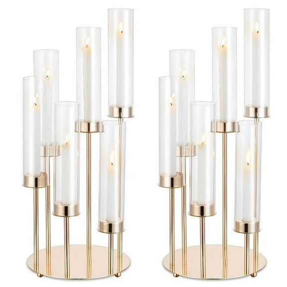 Nuptio Gold Candelabra Centerpieces for Tables , 6 Arm Gold Hurricane Candle Holder Centerpiece Table Decorations with Removable Glass Cover,2PCS