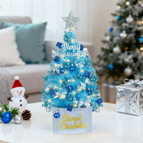 Nuptio 24 Inch Pre-lit Mini Blue Christmas Tree Decorations with LED Lights, Snow Flocked Tabletop Christmas Tree with 24 Pcs Balls and Ornaments, Artificial Small Xmas Tree with Ribbon (Blue)