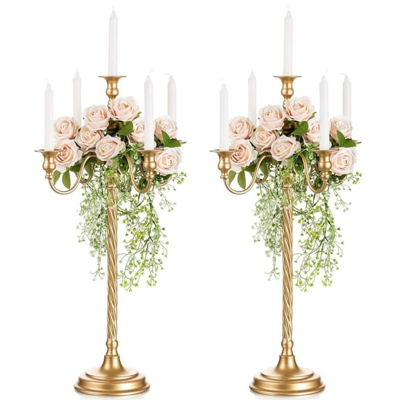 Nuptio 28" Tall Gold Floor Candelabra Candle Holders Brass Candlestick Holder Centerpiece for Christmas Wedding Decoration,Set of 2