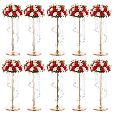 Nuptio 28" Tall Gold Crystal Flower Stand Table Centerpiece Decor ,Elegant Bridal Shower Party Wedding Centerpiece Decoration,Set of 10