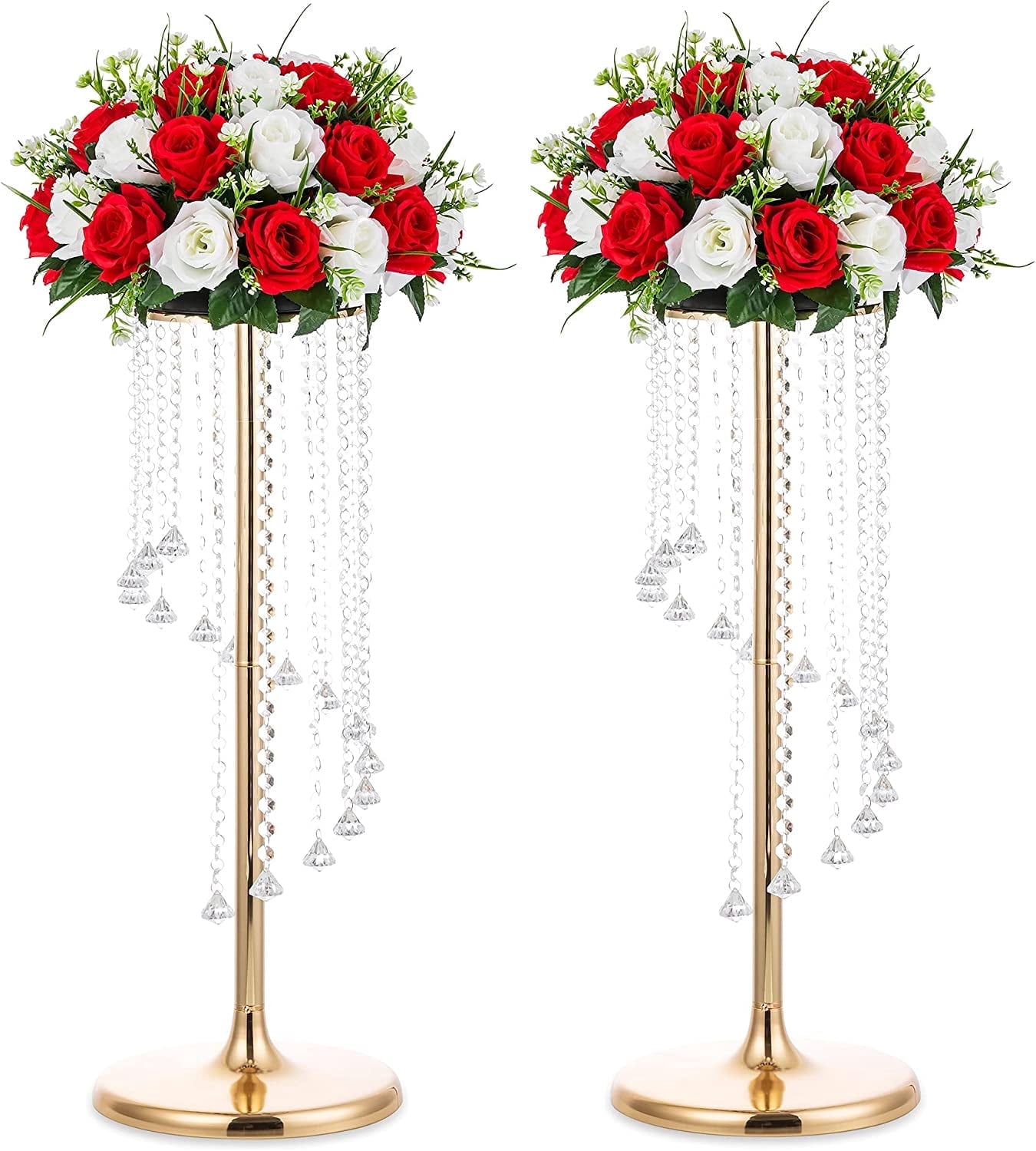 Nuptio 28" Tall Gold Crystal Flower Stand Table Centerpiece Decor ，Elegant Bridal Shower Party Wedding Centerpiece Decoration，Set of 2