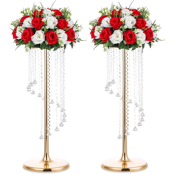 Nuptio 28" Tall Gold Crystal Flower Stand Table Centerpiece Decor ,Elegant Bridal Shower Party Wedding Centerpiece Decoration,Set of 2