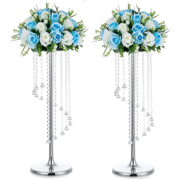 Nuptio 28" Tall Silver Crystal Flower Stand Table Centerpiece Decor ，Elegant Bridal Shower Party Wedding Centerpiece Decoration，Set of 2