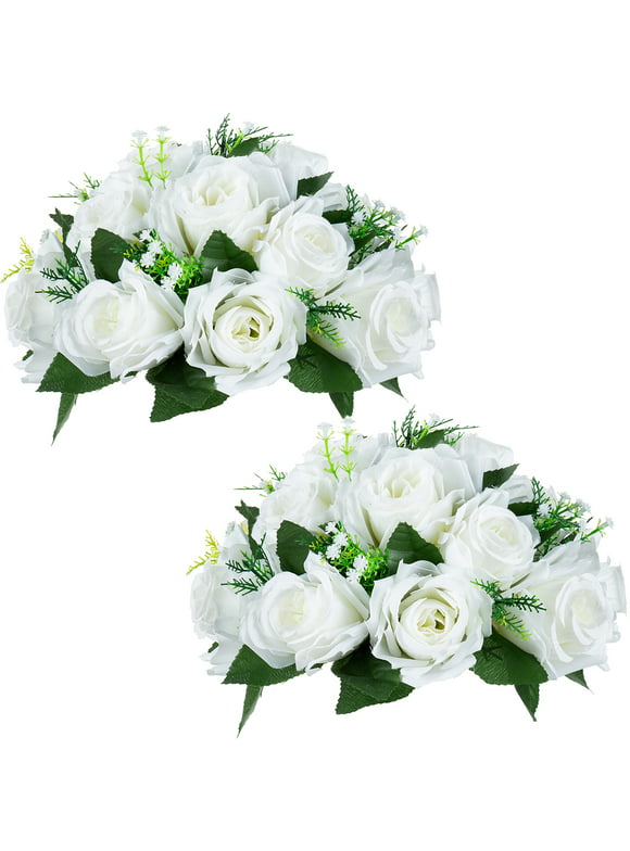 Nuptio 2pcs White Fake Flowers Plastic Floral Ball 15 Heads Artificial Rose Flower Arrangement for Wedding Centerpiece Table Decor