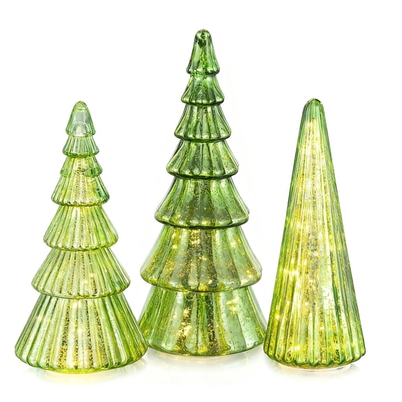Nuptio Mercury Glass Christmas Tree, Green Christmas Tree Table Centerpieces Set of 3 (Green)