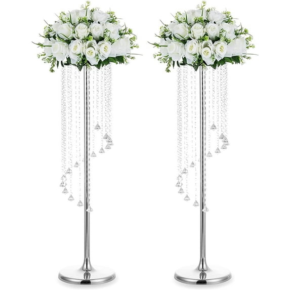 Nuptio 35" Tall Silver Crystal Flower Stand Table Centerpiece Decor ,Elegant Bridal Shower Party Wedding Centerpiece Decoration,Set of 2
