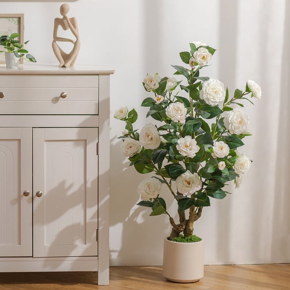 Nuptio 43.3"/3.6FT Artificial Camellia Tree Fake Outdoor Tree with 32 Blooming Flowers White Tree for Summer Home Front Door Indoor Decor