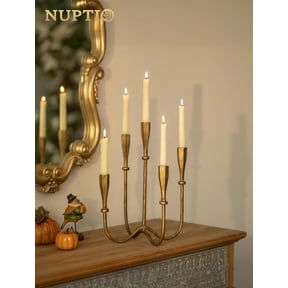 Nuptio 5 Candle Cast Iron Candelabra Centerpieces for Tables,Brass Gold Candlestick Holders Vintage Fireplace Mantel Table Centerpiece Wedding Event 15 inch