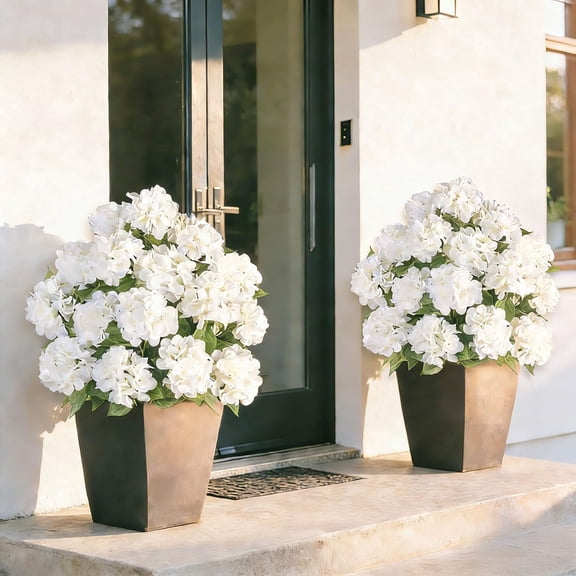 Nuptio Artificial Hydrangea Flowers Trees with Spikes, 2 Pack Fake Hydrangea Bush Tree for Outdoors Planter Wedding Front Porch Garden Patio (White)