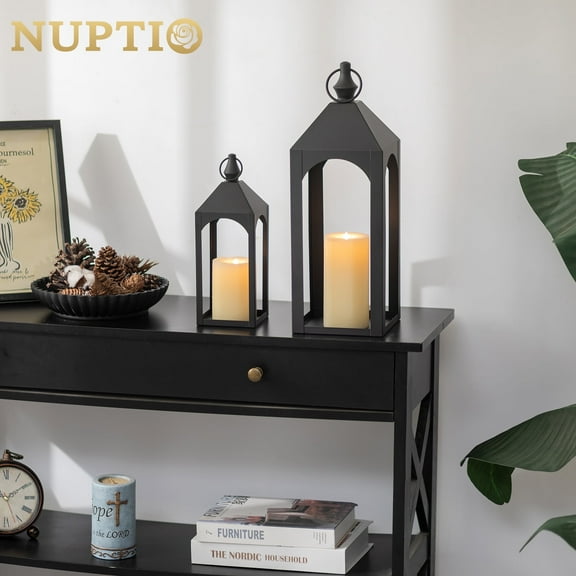 Nuptio Decorative Black Metal Pillar Candle Holder Lantern，Indoor Outdoor Lanterns for Porch & Patio ,12" & 17" Set of 2 ,No Glass S+M