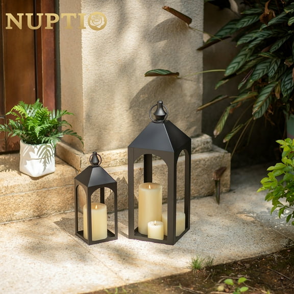 Nuptio Decorative Black Metal Pillar Candle Holder Lantern，Indoor Outdoor Lanterns for Porch & Patio ,12" & 17" Set of 2 ,No Glass S+M