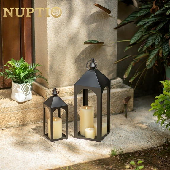 Nuptio Decorative Black Metal Pillar Candle Holder Lantern,Indoor Outdoor Lanterns for Porch & Patio ,12" & 17" Set of 2 ,No Glass S+M