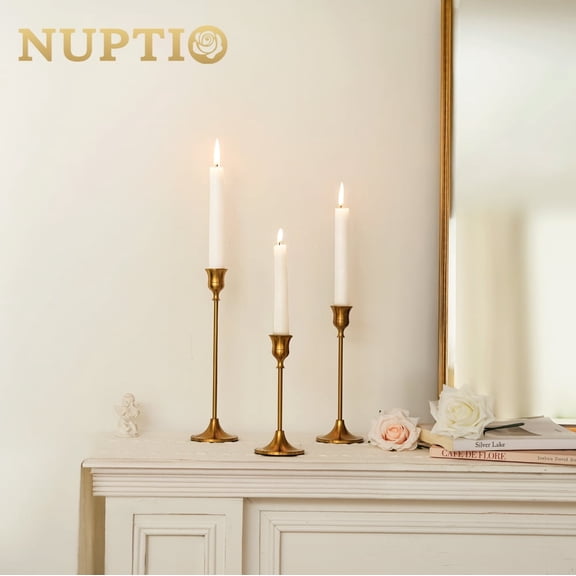 Nuptio Candlestick Holders Taper Candle Holders, Set of 3 Candle Stick Holders Set, Brass Gold Candlestick Holder Set, Vintage Modern Decorative Centerpiece for Table Mantel Wedding Housewarming Gift