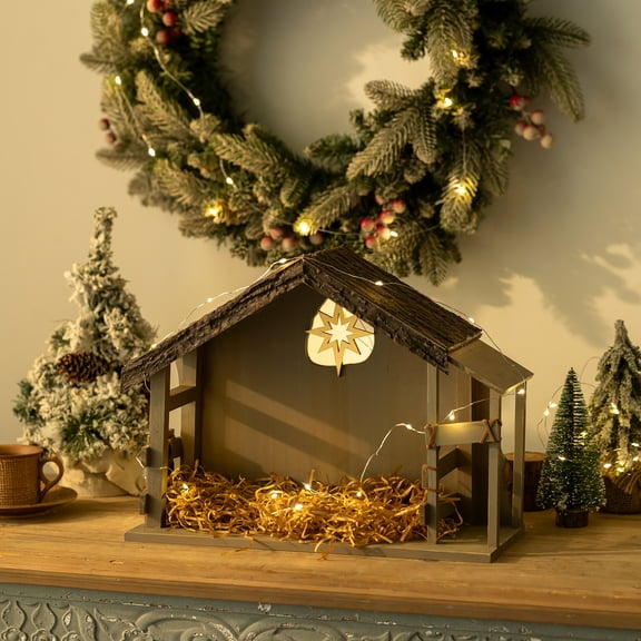 Nuptio Christmas Nativity Stable Only: Wooden Lighted Stable Manger for Nativity Scene Set Indoor