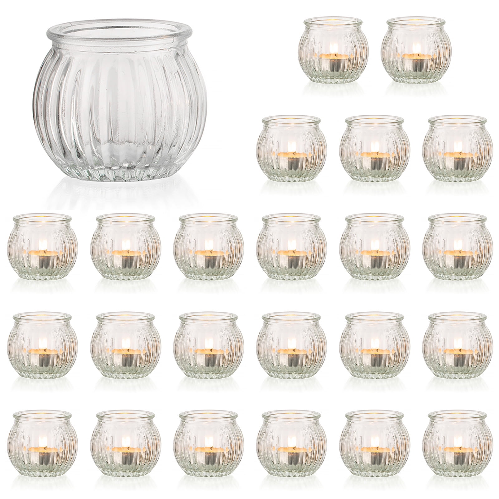 NUPTIO 24 Pack Glass Tea Light Holders - Ribbed Votive Candle Holders For Wedding, Holiday Table Decor