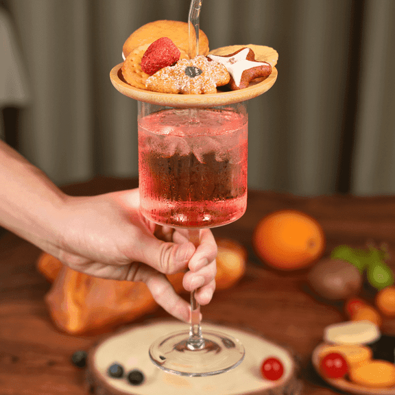 Nuptio Wine Glasses with Charcuterie Toppers -1PC Wine Glasses Set with Straw and 1 Hole Bamboo Appetizer Plates for Bars Party Housewarming Gift