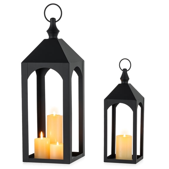 Nuptio Decorative Black Metal Pillar Candle Holder Lantern,Indoor Outdoor Lanterns for Porch & Patio ,12" & 17" Set of 2 ,No Glass S+M