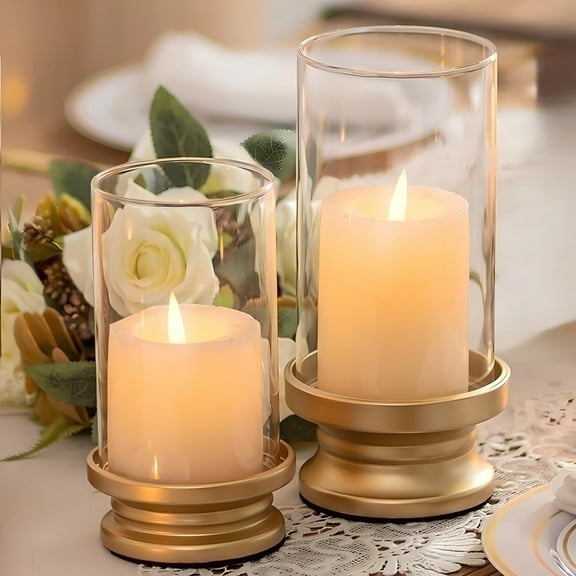 Nuptio Gold Pillar Candle Holders , Glass Candle Holder Stand for Pillar Candle Set of 2 Candle Centerpieces for Tables
