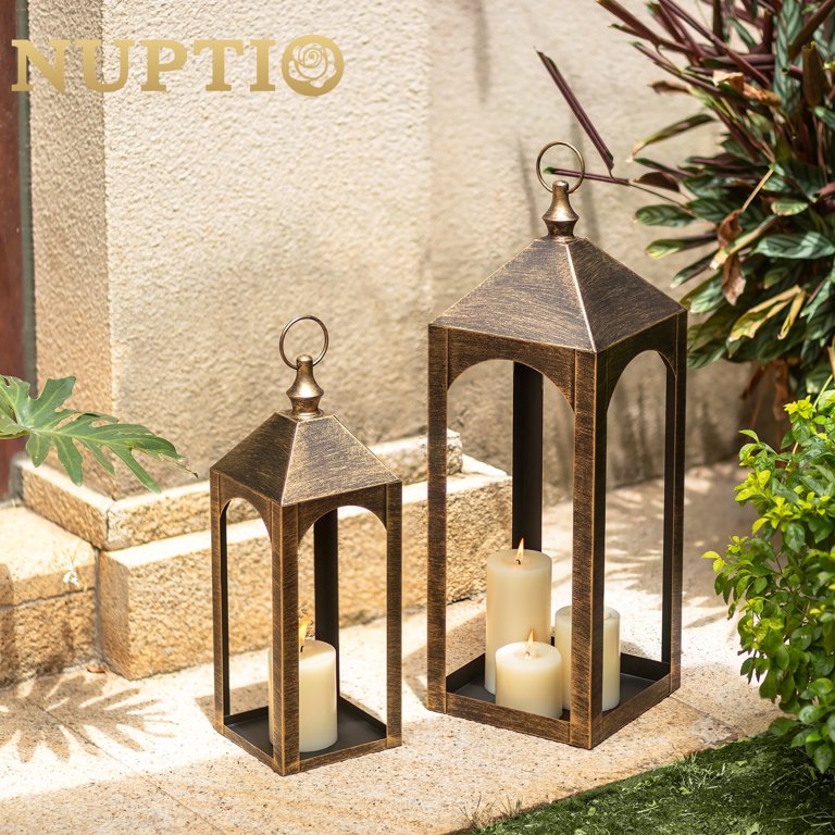 Set Of 2 Outdoor Lanterns - 23 & 17 Inch Metal Candle Holders For Porch & Patio Decor