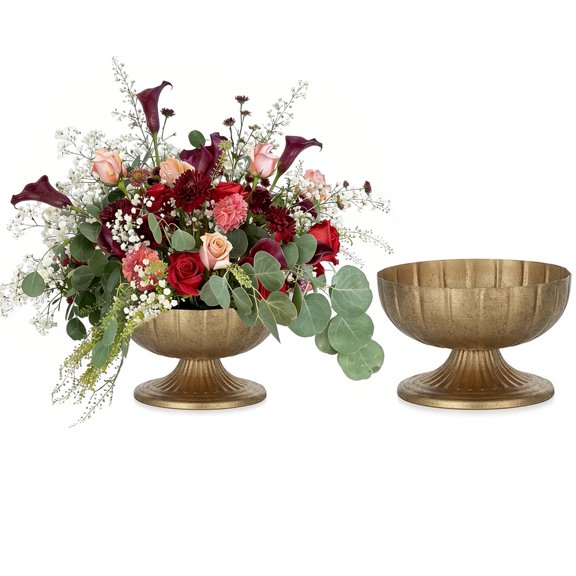 Nuptio Distressed Gold Metal Compote Bowl Decorative - 7" Wide Brass Pedestal Vase,2pcs