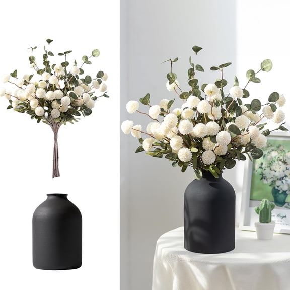 Nuptio Fake Flowers in Vase for Centerpieces: Metal Vase with 12 Stems of Artificial Mums Kiku Flowers Eucalyptuses Home Table Decor - White Faux Pom Poms Floral Arrangements for Living Room