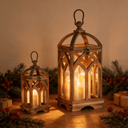 Nuptio Wood Lanterns Decorative Indoor Outdoor - 12" / 16" Set of 2 Farmhouse Wooden Candle Holder Lanterns for Wedding Centerpiece Table Fireplace Mantle Patio Outdoor Decor Brown