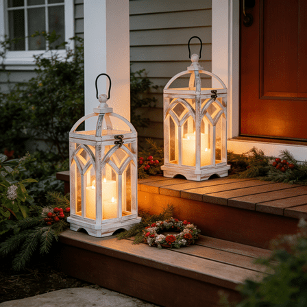 Nuptio Wood Lanterns Decorative Indoor & Outdoor - 12" / 16" Set of 2 Farmhouse White Wooden Candle Holder Lanterns for Wedding Centerpiece Fireplace Mantle Patio Outdoor Decor