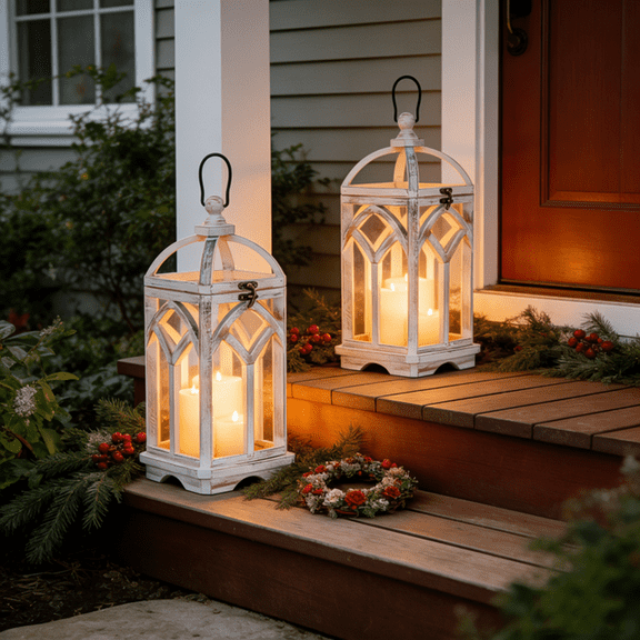 Nuptio Wood Lanterns Decorative Indoor & Outdoor - 12" / 16" Set of 2 Farmhouse White Wooden Candle Holder Lanterns for Wedding Centerpiece Fireplace Mantle Patio Outdoor Decor