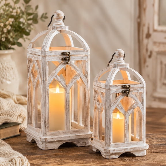 Nuptio Wooden Lanterns Decorative Indoor Outdoor - 12" / 16" Set of 2 Farmhouse Candle Holder Lanterns for Wedding Centerpiece Fireplace Mantle Patio Outdoor Decor