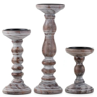 Nuptio Farmhouse Wood Candle Holders for Pillar Candles， Rustic Wooden Brown Candles Holder Set of 3 Tall Table Centerpiece Decor Fireplace Mantle