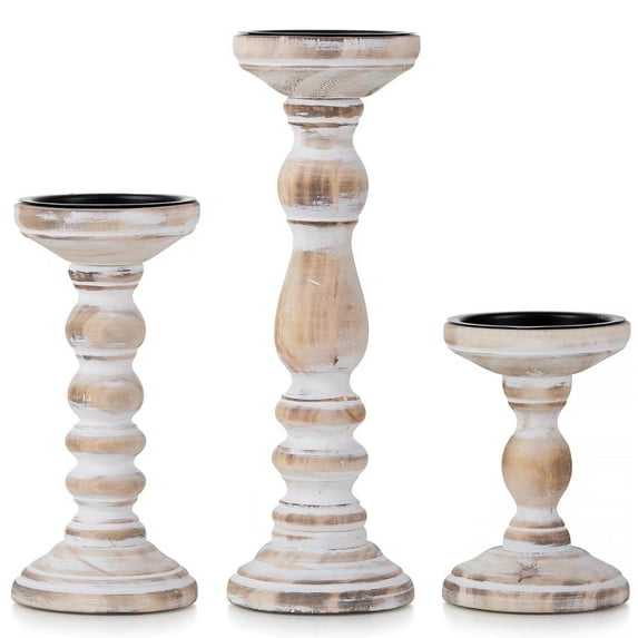 Nuptio Farmhouse Wood Candle Holders for Pillar Candles, Rustic Wooden White Pillar Candles Holder Set of 3 Tall Table Centerpiece Decor Fireplace Mantle