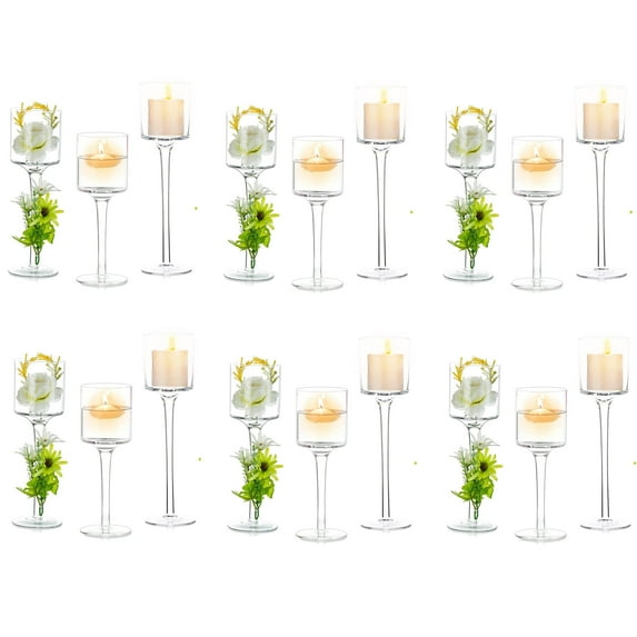 Nuptio Glass Votive Candle Holders for Pillar Candles，18pcs Glass Hurricane Long Stem Tea Light Candle Holder for Wedding Centerpiece Table Decoration