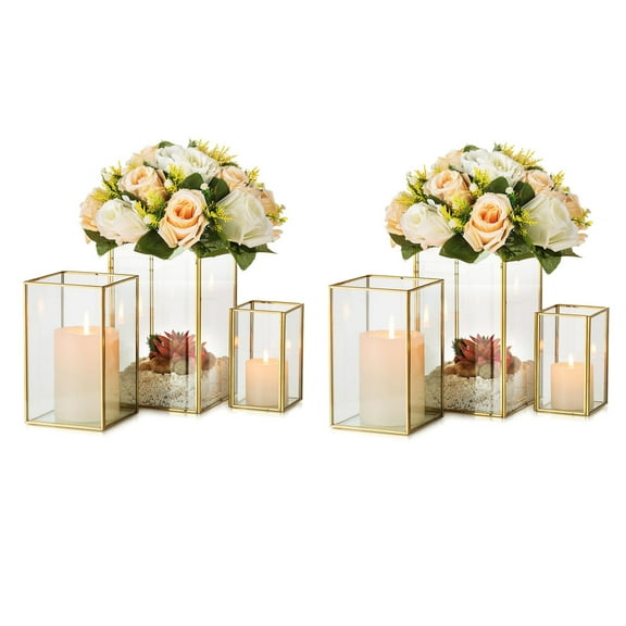 Nuptio Glass Hurricane Candle Holder for Pillar Candles Gold Lantern Decorative Indoor Table Decor Centerpiece ,Set of 6