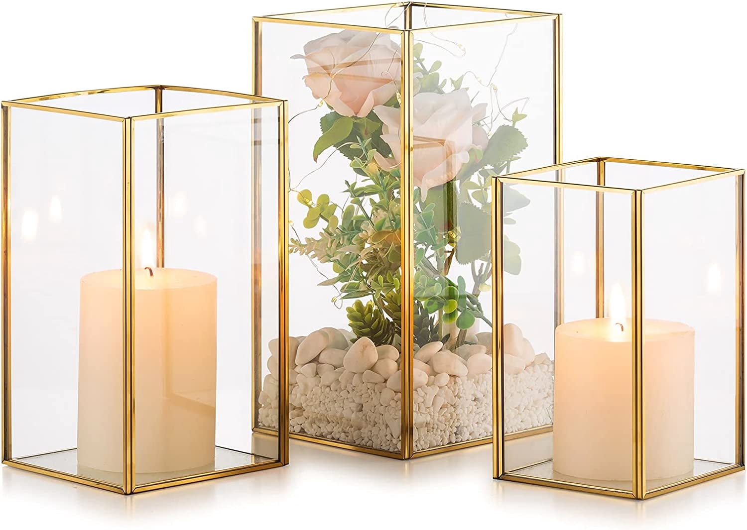 Nuptio Glass Hurricane Candle Holder Lantern for Pillar Candles， Gold Lantern Centerpiece for Tables Decorative Indoor ,Set of 3