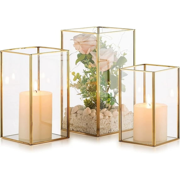 Nuptio Glass Hurricane Candle Holder Lantern for Pillar Candles， Gold Lantern Centerpiece for Tables Decorative Indoor ,Set of 3