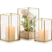 Nuptio Glass Hurricane Candle Holder for Pillar Candles， Gold Centerpiece Lantern Decorative Indoor for Table Decor  ,Set of 3