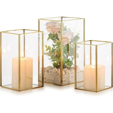 Nuptio Glass Hurricane Candle Holder for Pillar Candles， Gold Centerpiece Lantern Decorative Indoor for Table Decor  ,Set of 3