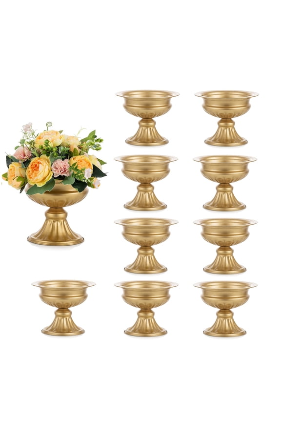 Gold Metal Flower Vases for Centerpiece Table Decorations，Elegant Floral Compote Bowl Pedestal Planter Vase Decor for Home Wedding (5inch-10PCS, Gold)