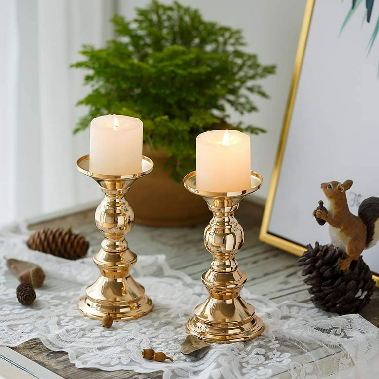 Nuptio Gold Pillar Candle Holder 6 Candlestick Holders Set of 2 Wedding  Taper Candle Holders for Centerpiece