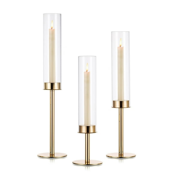 Nuptio Hurricane Glass Taper Candle Holders, Tall Gold Brass Candlestick Holder,Gold Centerpiece for Table Mantel Fireplace, Set of 3