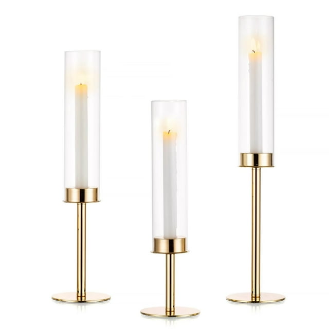 Nuptio Gold Taper Candle Holders with Hurricane Glass Tall Brass