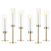 Nuptio Gold Taper Candle Holders with Hurricane Glass Tall Brass Candlestick Holder for Wedding Christmas Table Centerpiece Set of 6