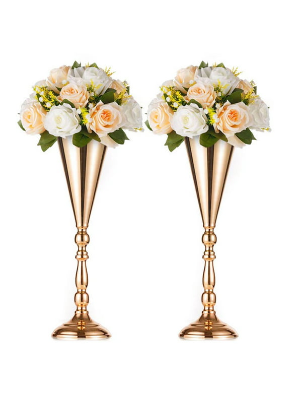Nuptio Gold Vase Centerpiece for Table Decoration 2Pcs Tall Metal Trumpet Flower Vases for Wedding Reception Decor