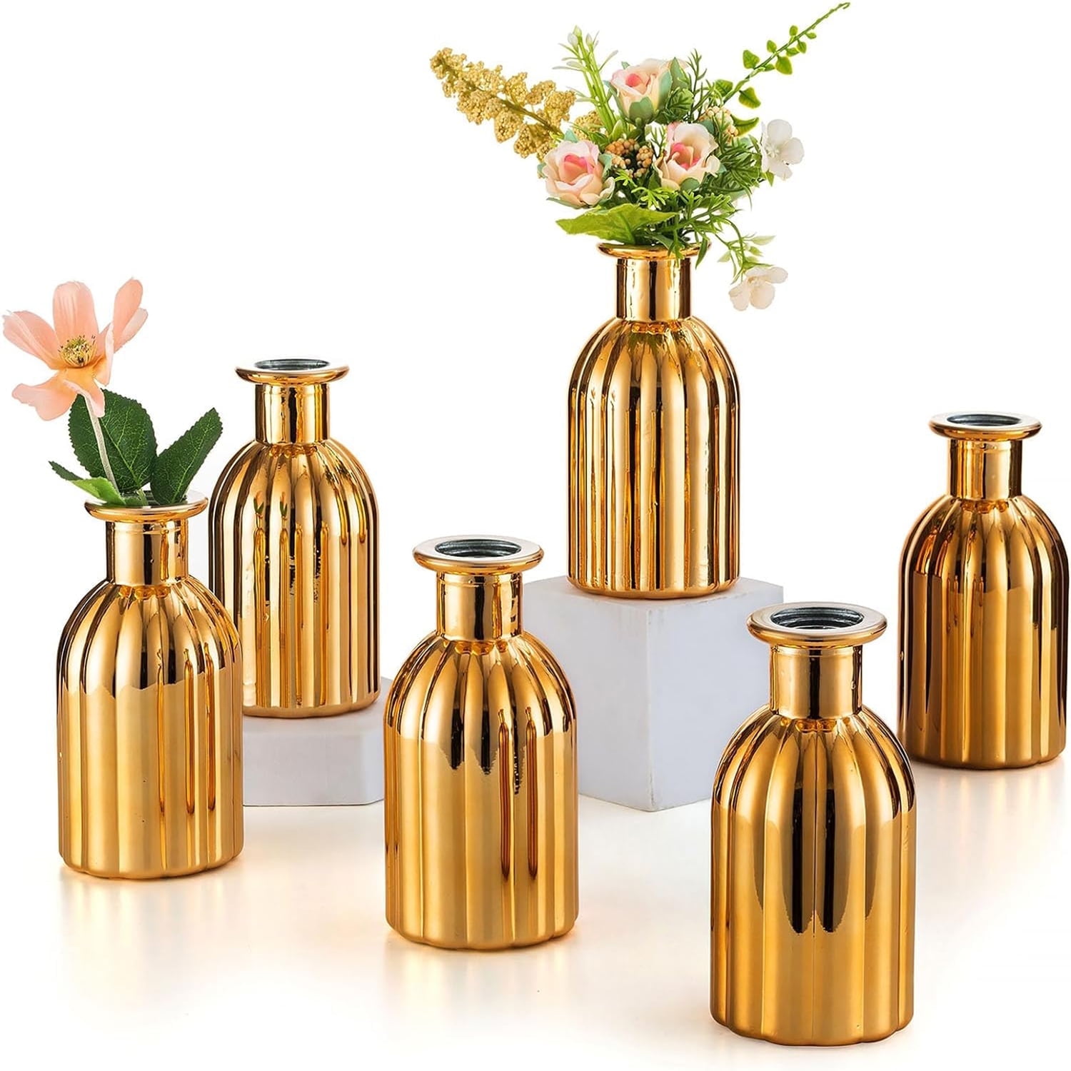 Metal Vases For Table Centerpieces, Hewory Gold Compote Pedestal Vase Floral