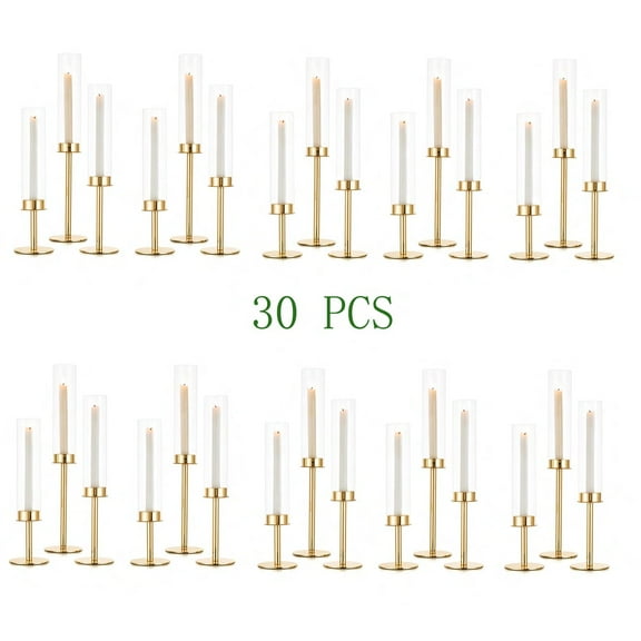 Nuptio Open End Cylinder Glass Hurricane Candle Holders for Taper Candles，Tall Brass Candlestick Holder，Gold Centerpiece for Table Mantel Fireplace， Set of 30