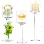 Nuptio Hurricane Glass Candle Holder for Wedding Table Centerpiece Long Stem Tall Tealight Candle Holders for Table Decoration Mother's Gift Set of 3